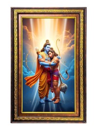 Lord Hanuman And Lord Rama Digital Golden Balck Color Photo Frame | Hindu Religious Wall Decor | 18x24 Inches - Inspirational Wall Art For Office, Home Decor - Ideal Spiritual Gift (F16705)