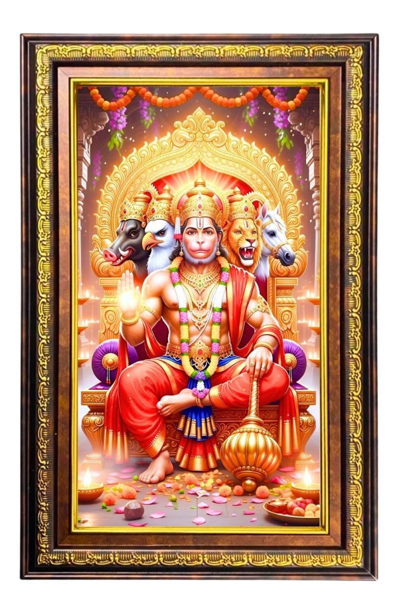 Lord Hanuman Digital Golden Balck Color Photo Frame | Hindu Religious Wall Decor | 10x16 Inches - Inspirational Wall Art For Office, Home Decor - Ideal Spiritual Gift (F16873)