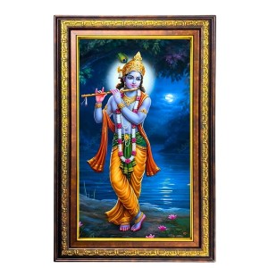 Lord Krishna Digital Golden Balck Color Photo Frame | Hindu Religious Wall Decor | 16x22 Inches - Inspirational Wall Art For Office, Home Decor - Ideal Spiritual Gift (F16658)