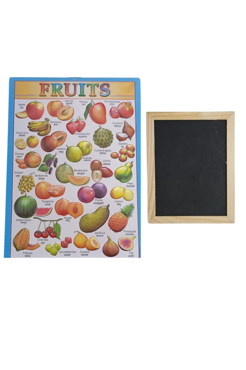Hitech Sales Combo of Wooden Framed Small Blackboard Slate with White Chalk Sticks & Nursery Educational Wall Chart – Learning Kit for Kids (Wooden Blackboard with Fruits Chart)