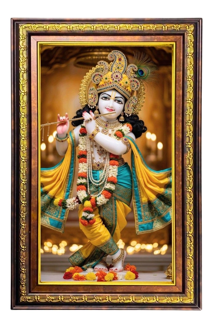 Lord Krishna Digital Golden Balck Color Photo Frame | Hindu Religious Wall Decor | 18x24 Inches - Inspirational Wall Art For Office, Home Decor - Ideal Spiritual Gift (F16521)