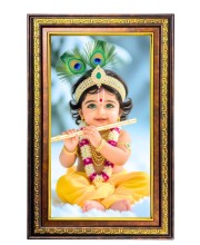 Lord Krishna Digital Golden Balck Color Photo Frame | Hindu Religious Wall Decor | 18x24 Inches - Inspirational Wall Art For Office, Home Decor - Ideal Spiritual Gift (F16790)
