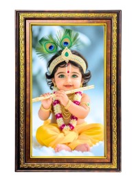 Lord Krishna Digital Golden Balck Color Photo Frame | Hindu Religious Wall Decor | 16x22 Inches - Inspirational Wall Art For Office, Home Decor - Ideal Spiritual Gift (F16790)