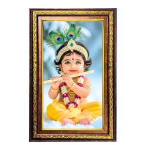 Lord Krishna Digital Golden Balck Color Photo Frame | Hindu Religious Wall Decor | 12x18 Inches - Inspirational Wall Art For Office, Home Decor - Ideal Spiritual Gift (F16790)