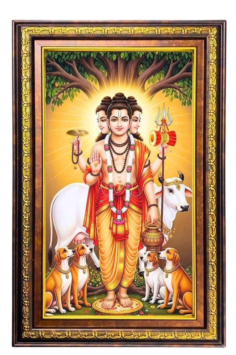 Lord Dattatreya Digital Golden Balck Color Photo Frame | Hindu Religious Wall Decor | 14x20 Inches - Inspirational Wall Art For Office, Home Decor - Ideal Spiritual Gift (F16665)