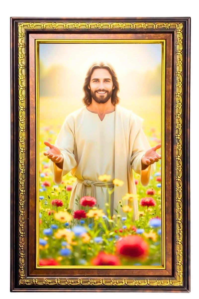 Lord Jesus Digital Golden Balck Color Photo Frame | Hindu Religious Wall Decor | 10x16 Inches - Inspirational Wall Art For Office, Home Decor - Ideal Spiritual Gift (F16740)
