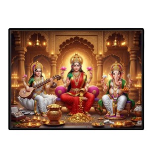 Lord Ganesha Maa Laxmi Saraswati Laminated Photo - 7x9 Inches, Divine Blessings For Home & Office And Temple Decoration (F16102)