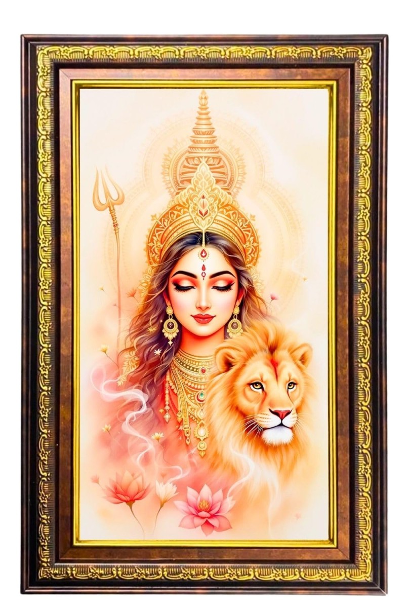 Goddess Durga Digital Golden Balck Color Photo Frame | Hindu Religious Wall Decor | 18x24 Inches - Inspirational Wall Art For Office, Home Decor - Ideal Spiritual Gift (F16837)
