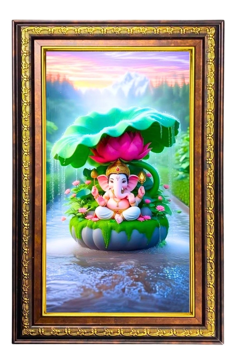Lord Ganesha Digital Golden Balck Color Photo Frame | Hindu Religious Wall Decor | 12x18 Inches - Inspirational Wall Art For Office, Home Decor - Ideal Spiritual Gift (F16813)