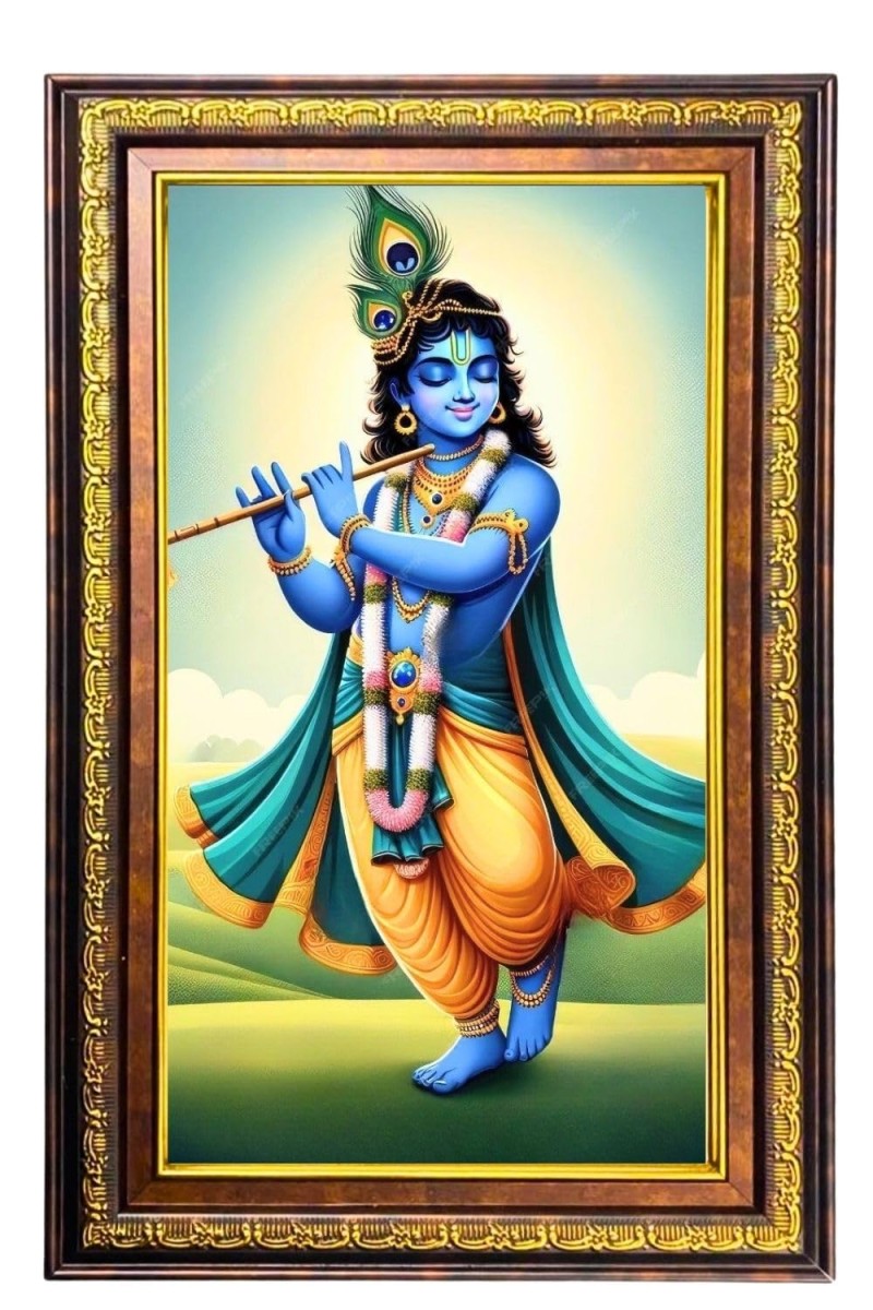 Lord Krishna Digital Golden Balck Color Photo Frame | Hindu Religious Wall Decor | 18x24 Inches - Inspirational Wall Art For Office, Home Decor - Ideal Spiritual Gift (F16511)
