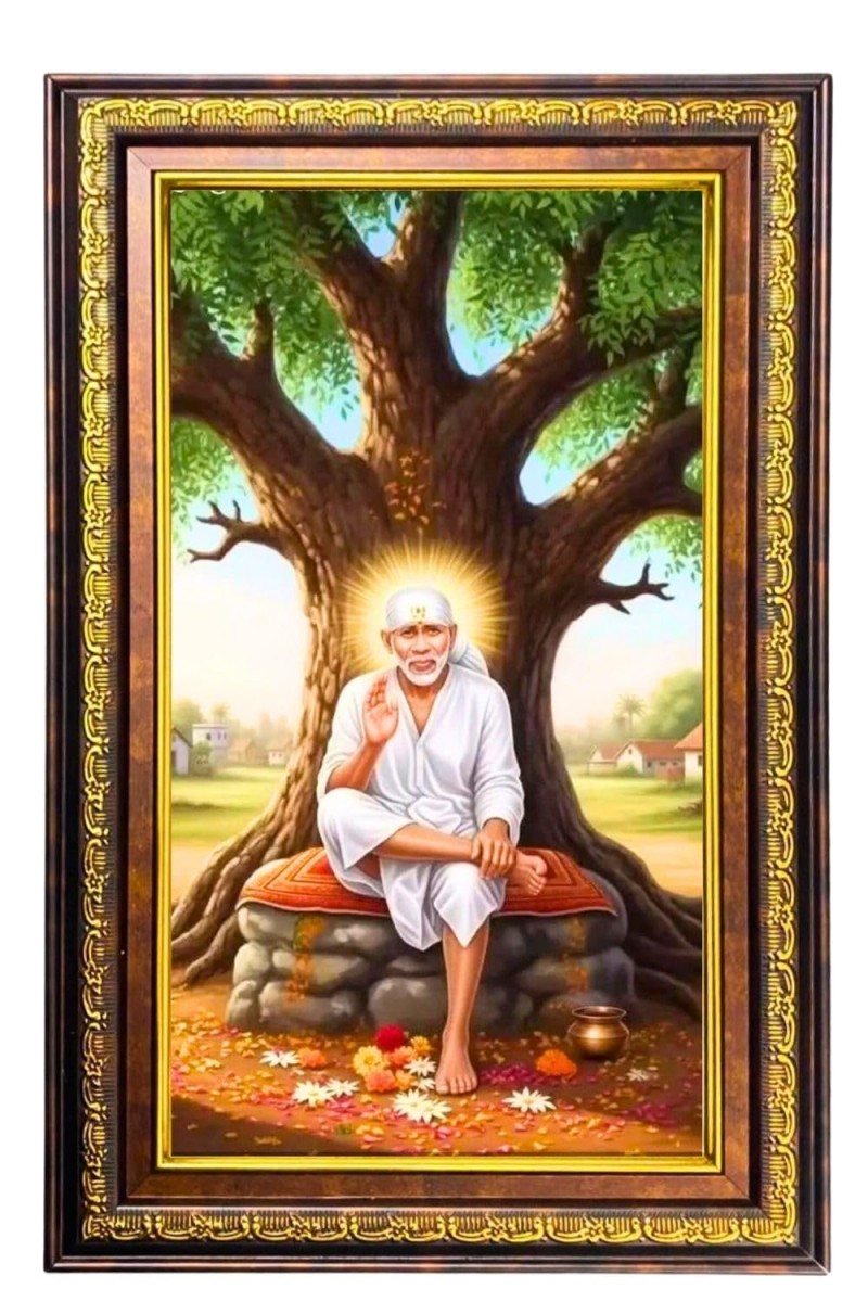 Lord Saibaba Digital Golden Balck Color Photo Frame | Hindu Religious Wall Decor | 12x18 Inches - Inspirational Wall Art For Office, Home Decor - Ideal Spiritual Gift (F16786)