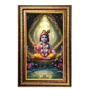Lord Krishna Digital Golden Balck Color Photo Frame | Hindu Religious Wall Decor | 10x16 Inches - Inspirational Wall Art For Office, Home Decor - Ideal Spiritual Gift (F16799)