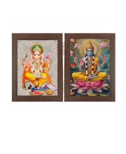 Hitech Sales Shree Ganesh and Lord Vishnu Double Picture Folding Photo Frame for Table, Home, Pooja Room Decor (Brown, 2 Printed Photos, Tabletop)