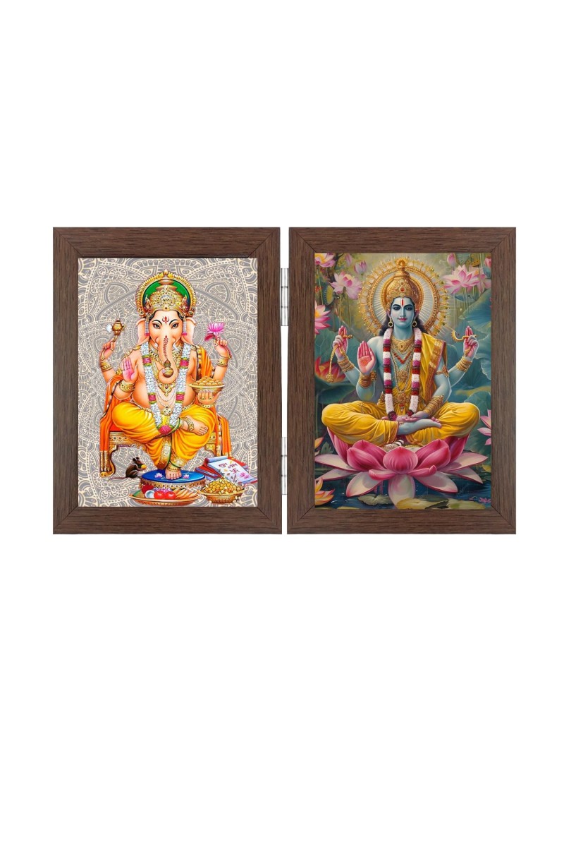 Hitech Sales Shree Ganesh and Lord Vishnu Double Picture Folding Photo Frame for Table, Home, Pooja Room Decor (Brown, 2 Printed Photos, Tabletop)