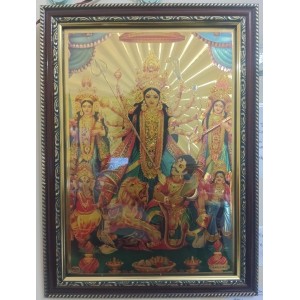Hitech Sales Lord Maa Durga Family Light Weighted photo Frame Waterproof Acrylic 3d photo with Wooden Frames for Table, Temple Wall, Mandir, Gym, and Outdoor Spaces, Home Decor