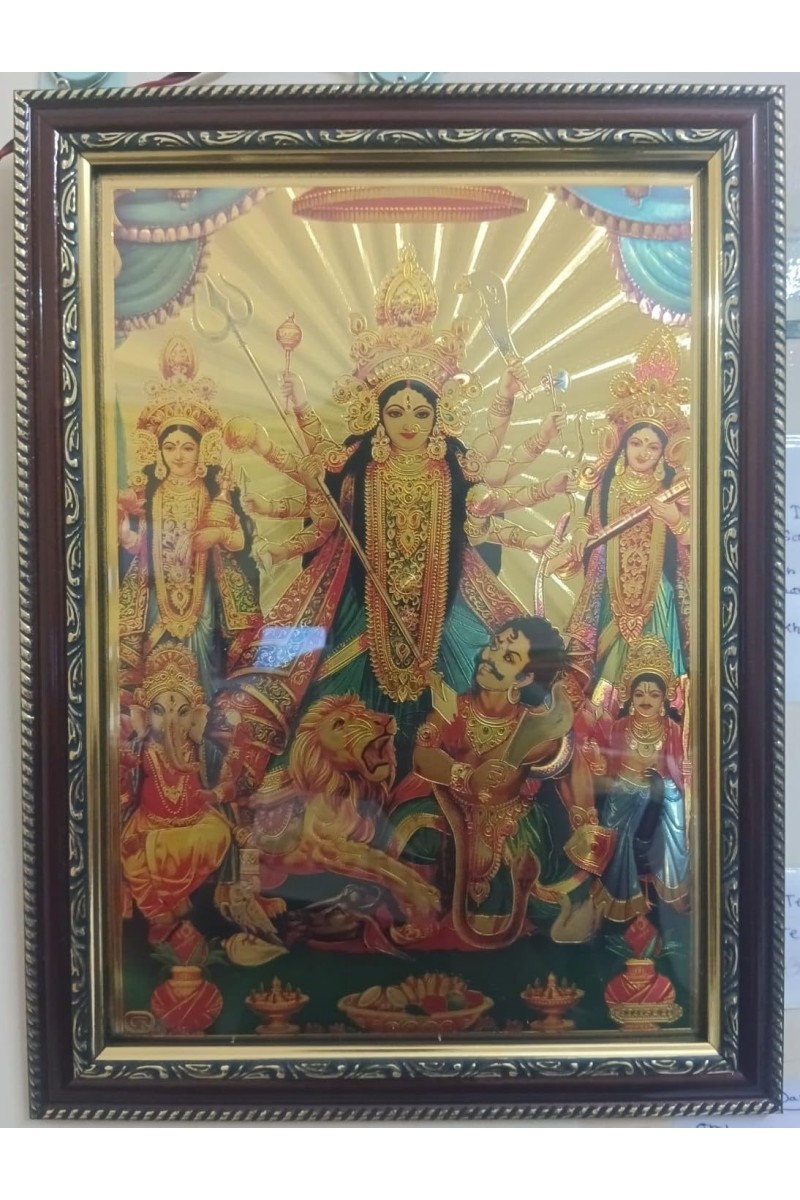 Hitech Sales Lord Maa Durga Family Light Weighted photo Frame Waterproof Acrylic 3d photo with Wooden Frames for Table, Temple Wall, Mandir, Gym, and Outdoor Spaces, Home Decor