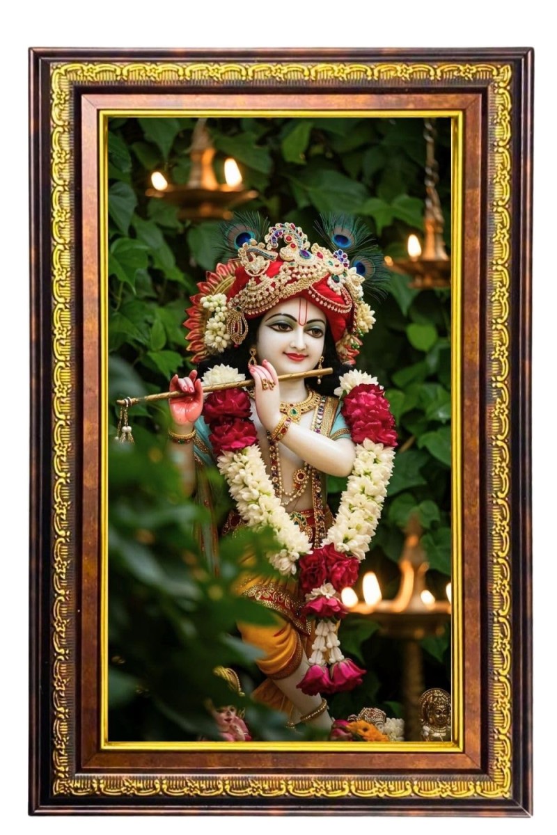 Lord Krishna Digital Golden Balck Color Photo Frame | Hindu Religious Wall Decor | 16x22 Inches - Inspirational Wall Art For Office, Home Decor - Ideal Spiritual Gift (F16478)