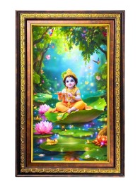 Lord Krishna Digital Golden Balck Color Photo Frame | Hindu Religious Wall Decor | 12x18 Inches - Inspirational Wall Art For Office, Home Decor - Ideal Spiritual Gift (F16801)