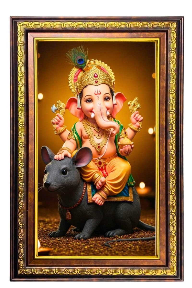 Lord Ganesha Digital Golden Balck Color Photo Frame | Hindu Religious Wall Decor | 12x18 Inches - Inspirational Wall Art For Office, Home Decor - Ideal Spiritual Gift (F16828)