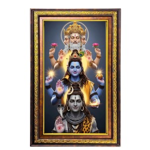 Bramha Vishnu Shiva Digital Golden Balck Color Photo Frame | Hindu Religious Wall Decor | 12x18 Inches - Inspirational Wall Art For Office, Home Decor - Ideal Spiritual Gift (F16490)