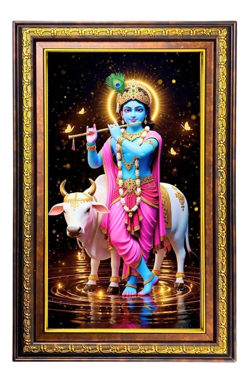 Lord Krishna Digital Golden Balck Color Photo Frame | Hindu Religious Wall Decor | 18x24 Inches - Inspirational Wall Art For Office, Home Decor - Ideal Spiritual Gift (F16481)