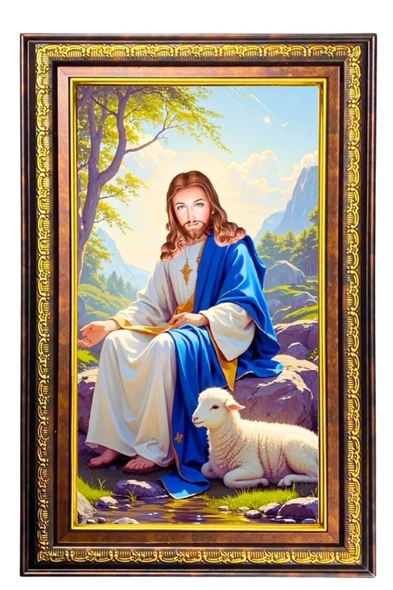 Lord Jesus Digital Golden Balck Color Photo Frame | Hindu Religious Wall Decor | 12x18 Inches - Inspirational Wall Art For Office, Home Decor - Ideal Spiritual Gift (F16736)
