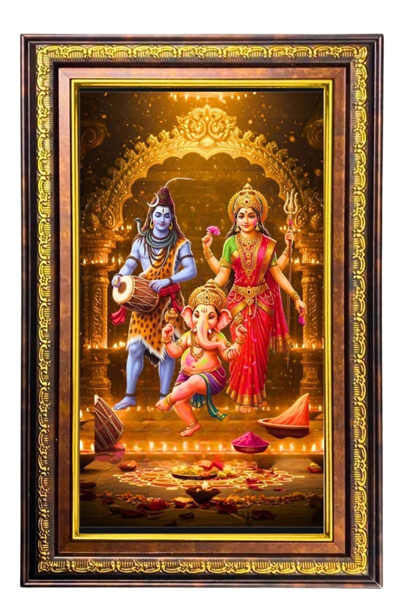 Lord Shiva And Parvathi And Ganesha Digital Golden Balck Color Photo Frame | Hindu Religious Wall Decor | 12x18 Inches - Inspirational Wall Art For Office, Home Decor - Ideal Spiritual Gift (F16883)