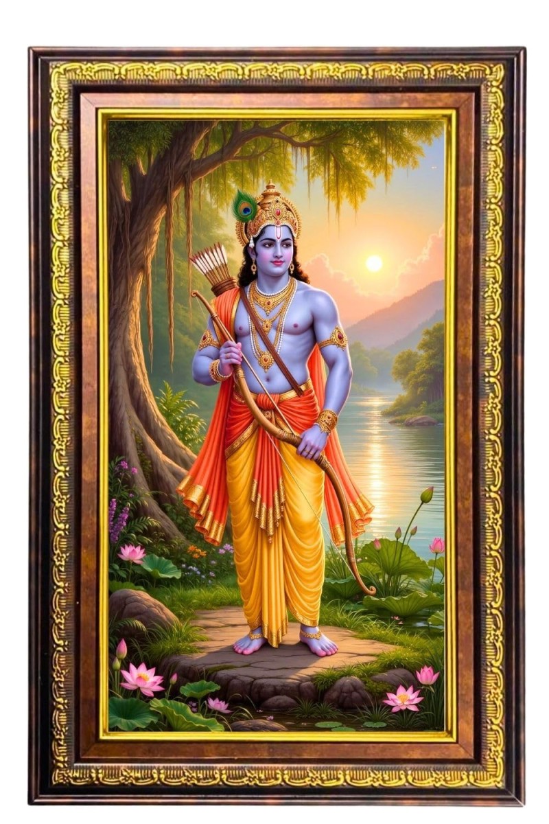 Lord Krishna Digital Golden Balck Color Photo Frame | Hindu Religious Wall Decor | 18x24 Inches - Inspirational Wall Art For Office, Home Decor - Ideal Spiritual Gift (F16855)