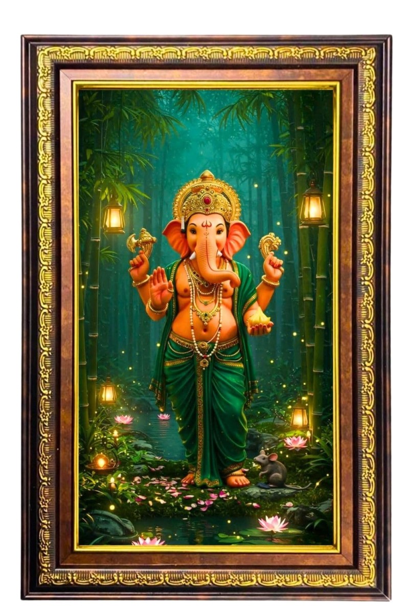 Lord Ganesha Digital Golden Balck Color Photo Frame | Hindu Religious Wall Decor | 10x16 Inches - Inspirational Wall Art For Office, Home Decor - Ideal Spiritual Gift (F16582)