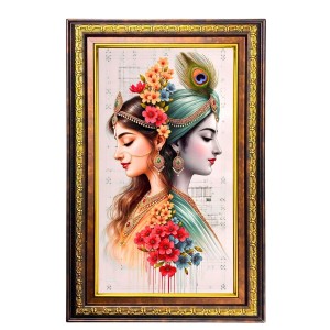 Lord Krishna And Radha Digital Golden Balck Color Photo Frame | Hindu Religious Wall Decor | 12x18 Inches - Inspirational Wall Art For Office, Home Decor - Ideal Spiritual Gift (F16836)