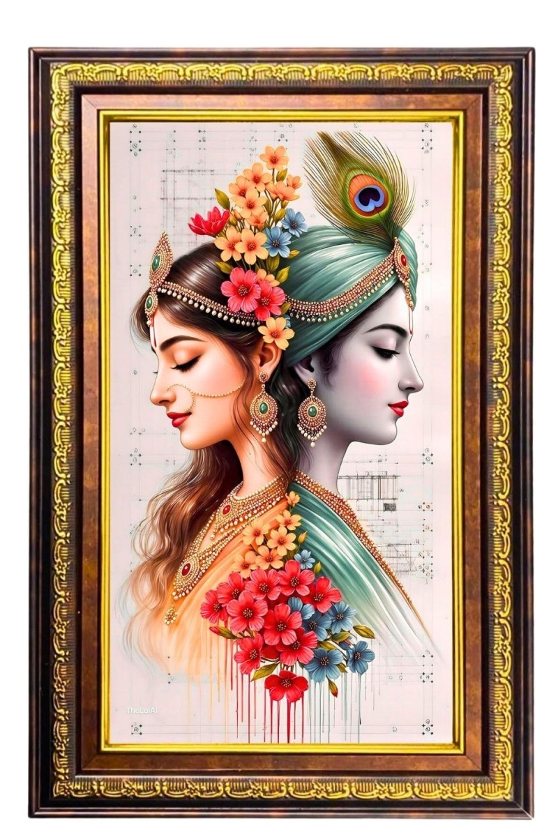 Lord Krishna And Radha Digital Golden Balck Color Photo Frame | Hindu Religious Wall Decor | 12x18 Inches - Inspirational Wall Art For Office, Home Decor - Ideal Spiritual Gift (F16836)