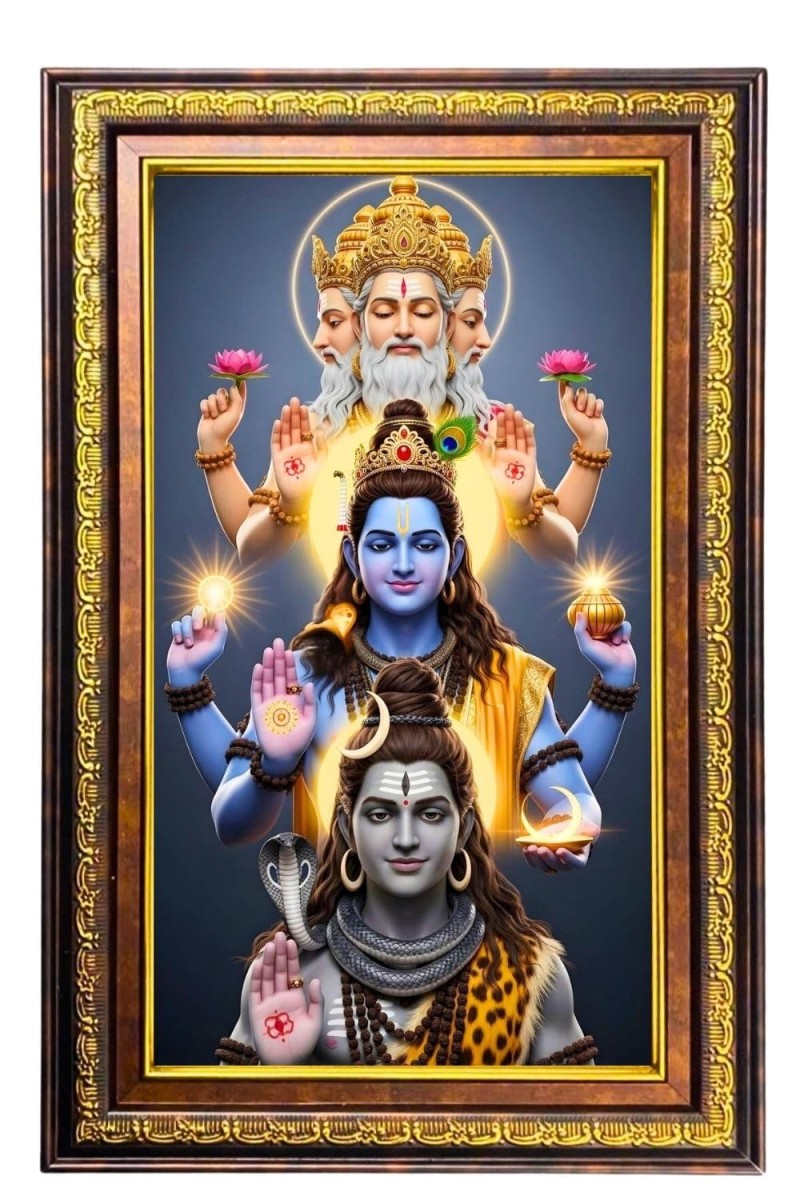 Bramha Vishnu Shiva Digital Golden Balck Color Photo Frame | Hindu Religious Wall Decor | 10x16 Inches - Inspirational Wall Art For Office, Home Decor - Ideal Spiritual Gift (F16661)