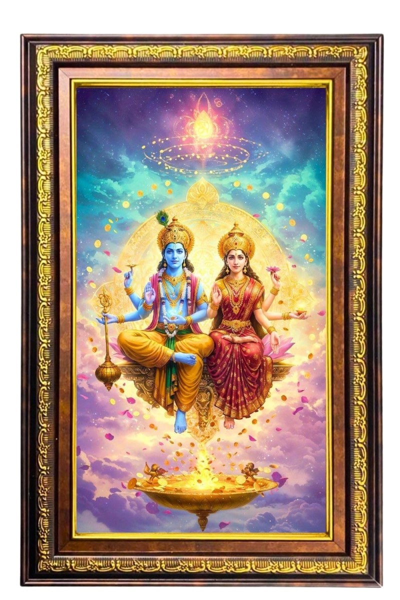 Lord Vishnu Lakshmi Digital Golden Balck Color Photo Frame | Hindu Religious Wall Decor | 16x22 Inches - Inspirational Wall Art For Office, Home Decor - Ideal Spiritual Gift (F16716)
