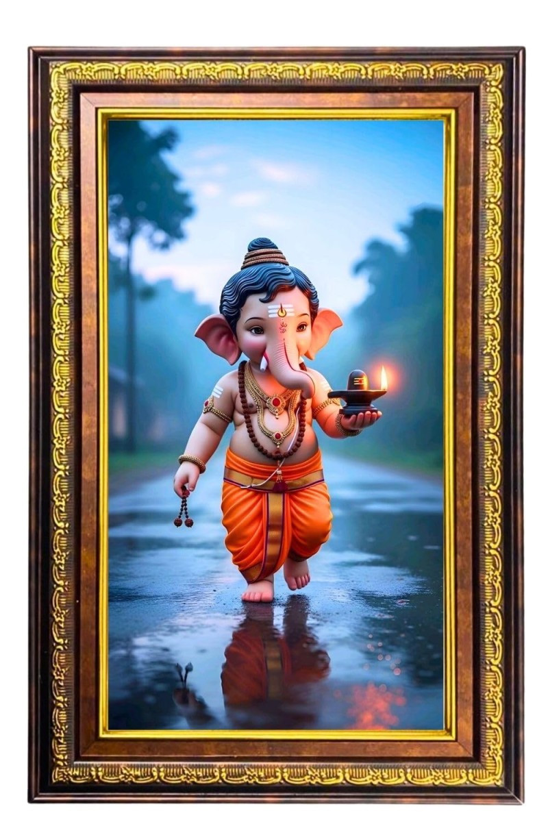 Lord Ganesha Digital Golden Balck Color Photo Frame | Hindu Religious Wall Decor | 10x16 Inches - Inspirational Wall Art For Office, Home Decor - Ideal Spiritual Gift (F16829)