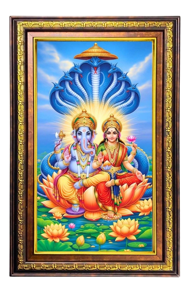 Lord Ganesha And Lakshmi Digital Golden Balck Color Photo Frame | Hindu Religious Wall Decor | 16x22 Inches - Inspirational Wall Art For Office, Home Decor - Ideal Spiritual Gift (F16808)