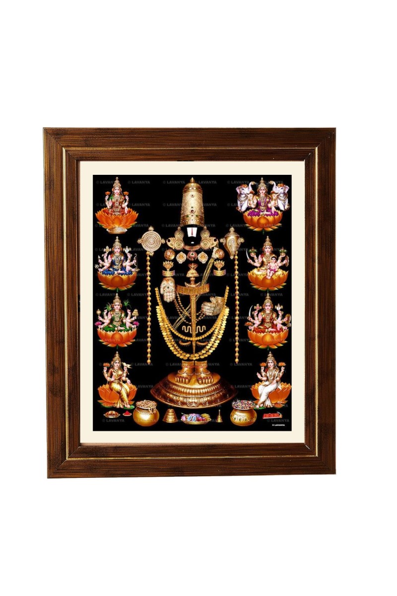 Hitech Sales Tirupati Balaji with Ashta Lakshmi Photo Frame for Pooja Room, Temple Decor, Home Decoration and Gift (Wall and Tabletop, Rectangular, Printed Photo, 12 x 14 inches Frame, Brown)