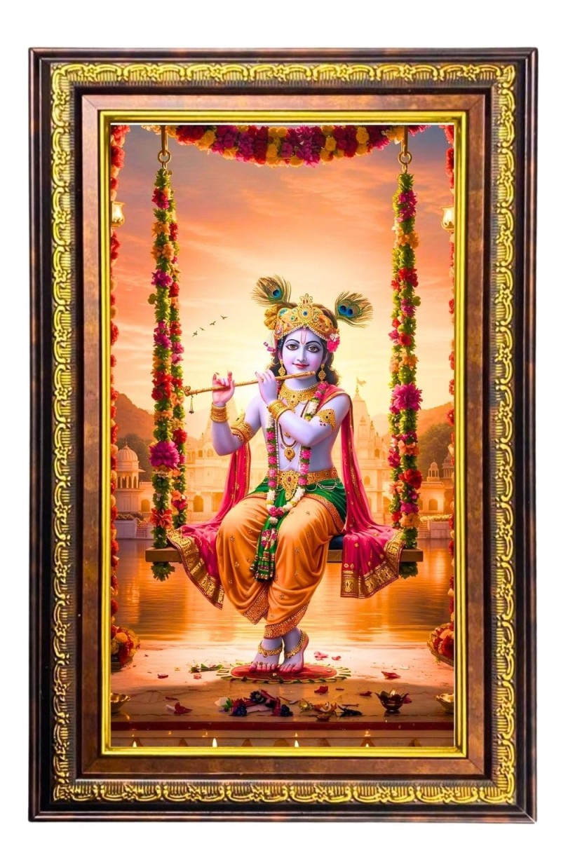 Lord Krishna Digital Golden Balck Color Photo Frame | Hindu Religious Wall Decor | 18x24 Inches - Inspirational Wall Art For Office, Home Decor - Ideal Spiritual Gift (F16931)