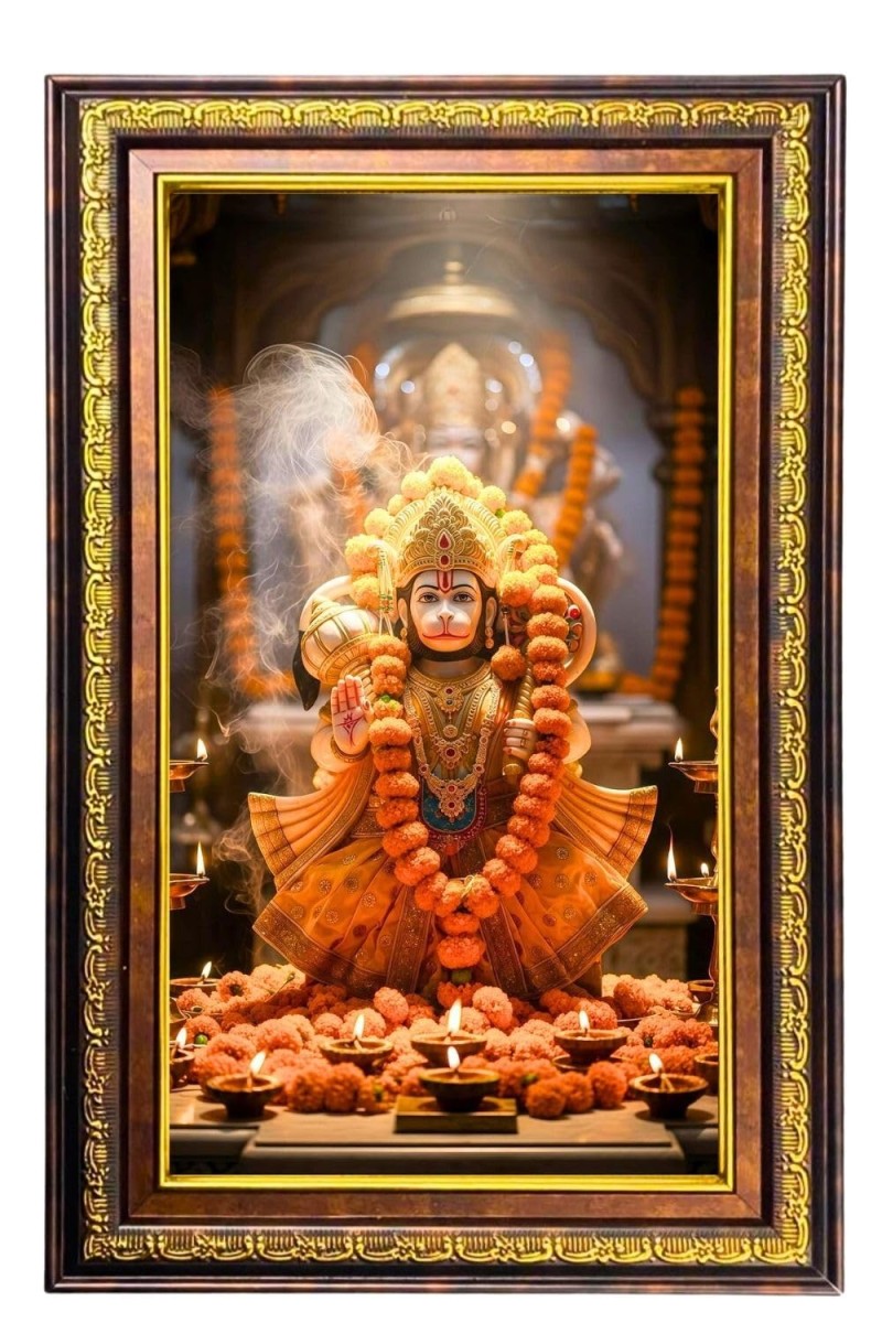 Lord Hanuman Digital Golden Balck Color Photo Frame | Hindu Religious Wall Decor | 10x16 Inches - Inspirational Wall Art For Office, Home Decor - Ideal Spiritual Gift (F16564)