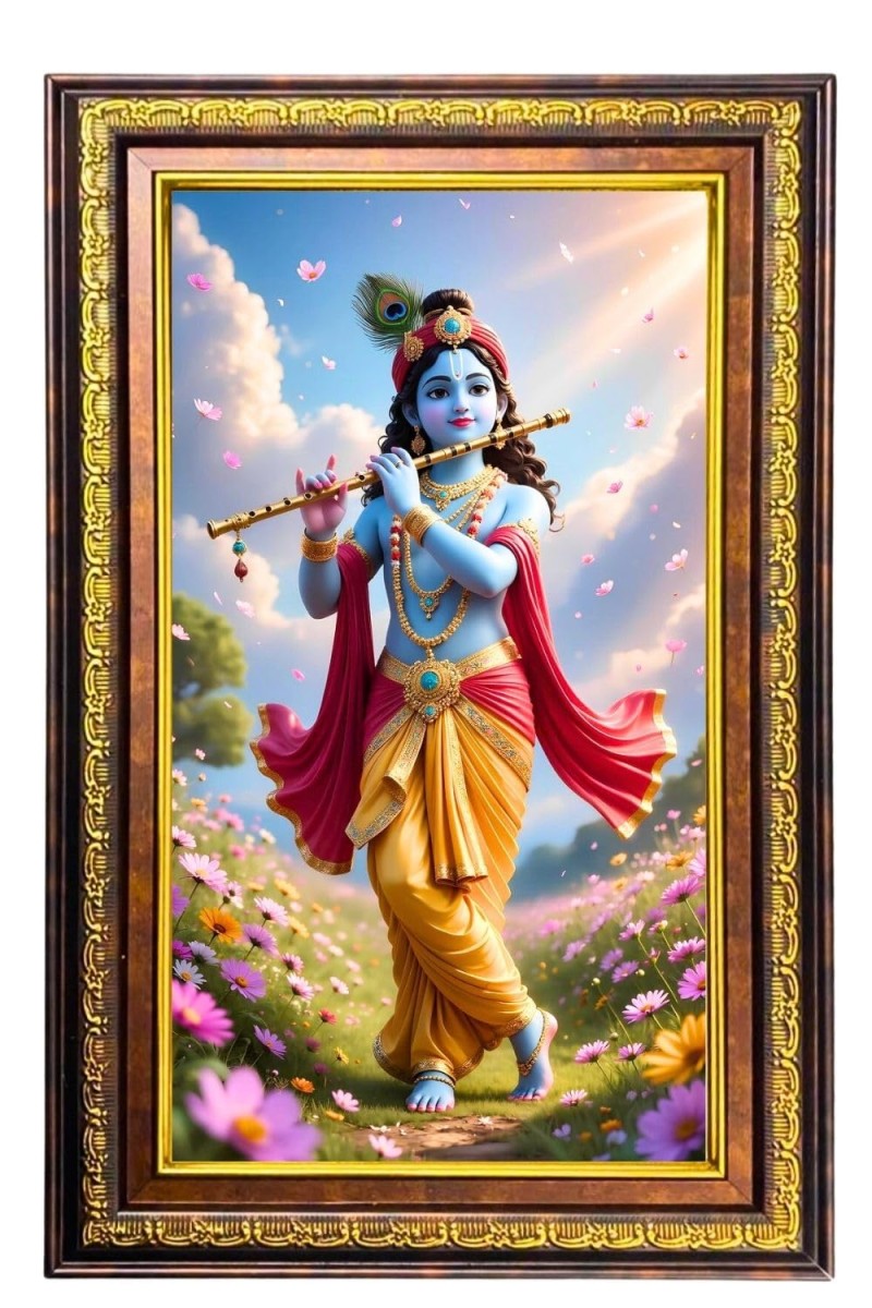 Lord Krishna Digital Golden Balck Color Photo Frame | Hindu Religious Wall Decor | 18x24 Inches - Inspirational Wall Art For Office, Home Decor - Ideal Spiritual Gift (F16819)