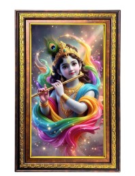 Lord Krishna Digital Golden Balck Color Photo Frame | Hindu Religious Wall Decor | 16x22 Inches - Inspirational Wall Art For Office, Home Decor - Ideal Spiritual Gift (F16468)