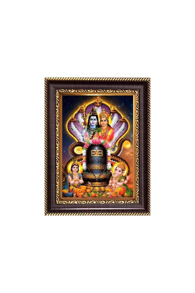 Shiv Lingam With Lord Shiva, Maa Parvati Devi, Sri Ganeshji and Kartike Digital Print Photo 6.7x8.7 inches - Vibrant Religious Wall Art for Home, Office and Temple Decor.