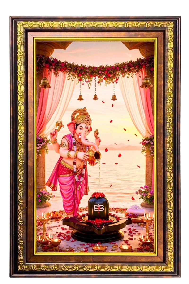 Lord Ganesha Digital Golden Balck Color Photo Frame | Hindu Religious Wall Decor | 10x16 Inches - Inspirational Wall Art For Office, Home Decor - Ideal Spiritual Gift (F16577)