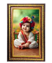 Lord Krishna Digital Golden Balck Color Photo Frame | Hindu Religious Wall Decor | 18x24 Inches - Inspirational Wall Art For Office, Home Decor - Ideal Spiritual Gift (F16792)