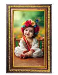 Lord Krishna Digital Golden Balck Color Photo Frame | Hindu Religious Wall Decor | 16x22 Inches - Inspirational Wall Art For Office, Home Decor - Ideal Spiritual Gift (F16792)