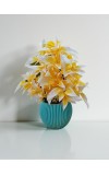 HiTechMart Artificial Yellow & White Flower Pot with Blue Textured Vase | Realistic Faux Flower Pot for Home & Office Décor | Low-Maintenance Tabletop Decoration | Gift for Housewarming & Festivals