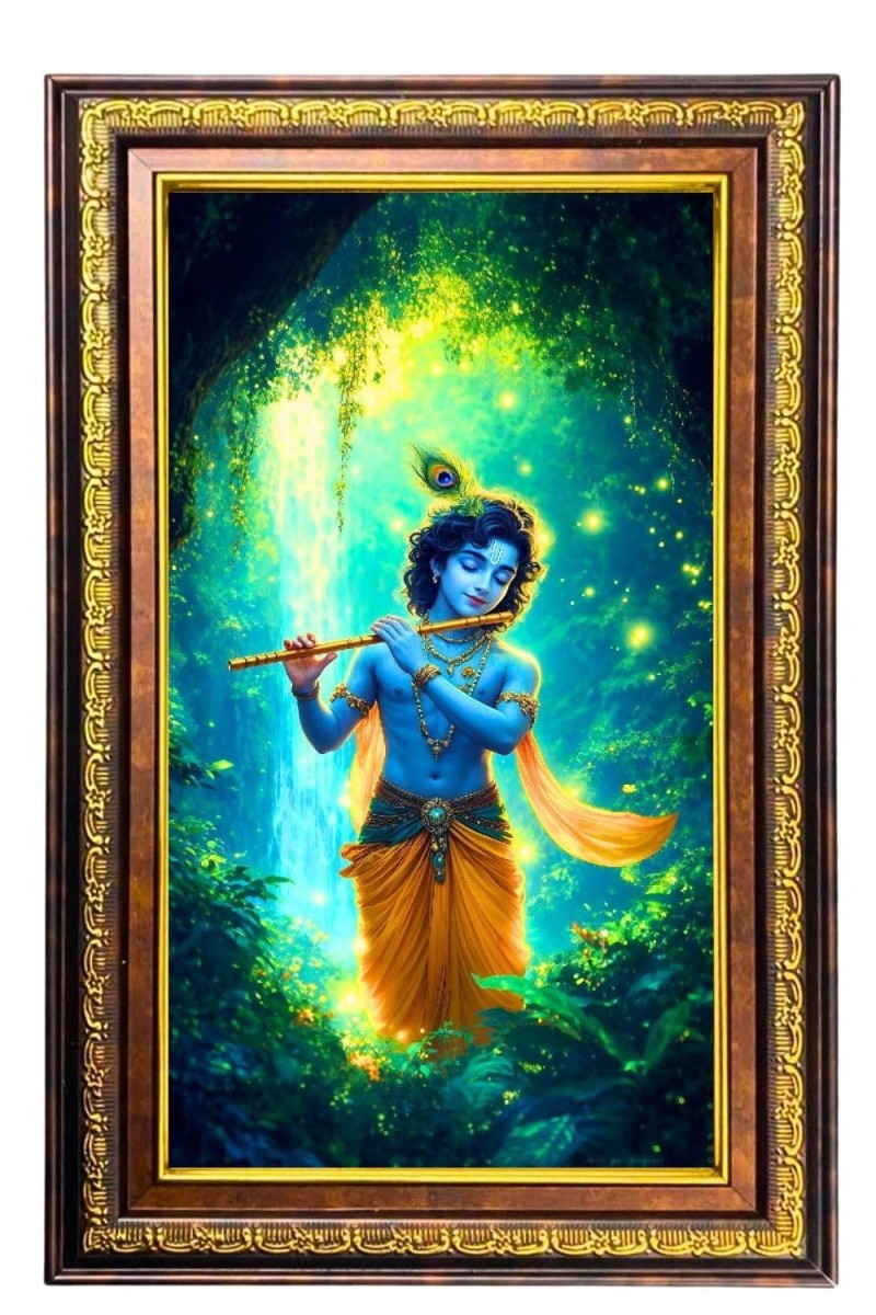Lord Krishna Digital Golden Balck Color Photo Frame | Hindu Religious Wall Decor | 18x24 Inches - Inspirational Wall Art For Office, Home Decor - Ideal Spiritual Gift (F16687)