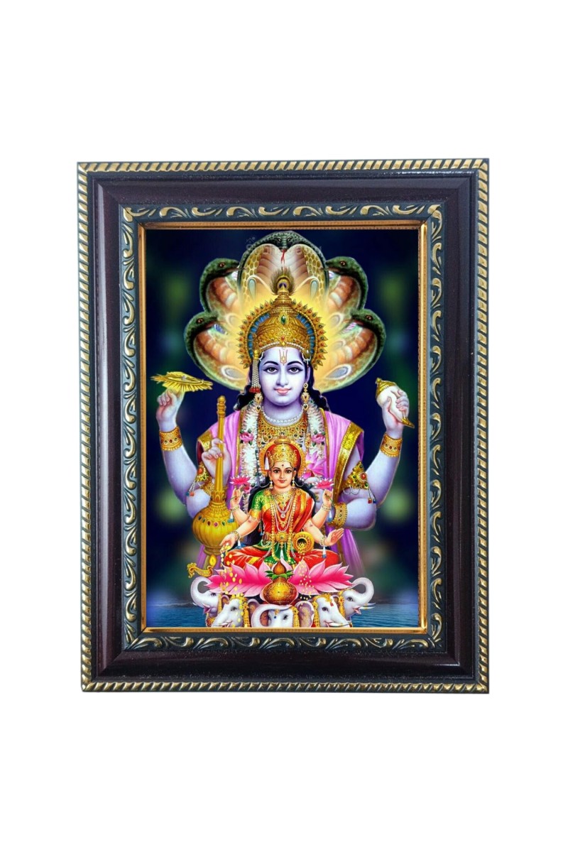 Hitech Sales Lord Vishnu Mata with Laxmi Photo Frame for Pooja Room, Temple and Home Decoration, Printed Photo with Floral Design Polystyrene Frame, 5 x 7 Inches - Brown, Ideal for Gifting (Pack of 1)