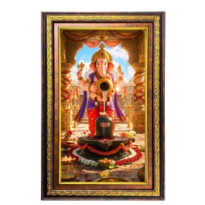 Lord Ganesha Digital Golden Balck Color Photo Frame | Hindu Religious Wall Decor | 14x20 Inches - Inspirational Wall Art For Office, Home Decor - Ideal Spiritual Gift (F16885)