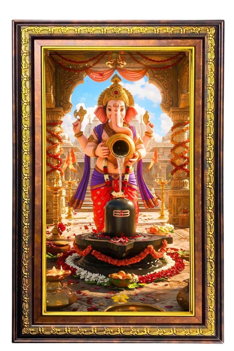 Lord Ganesha Digital Golden Balck Color Photo Frame | Hindu Religious Wall Decor | 10x16 Inches - Inspirational Wall Art For Office, Home Decor - Ideal Spiritual Gift (F16885)