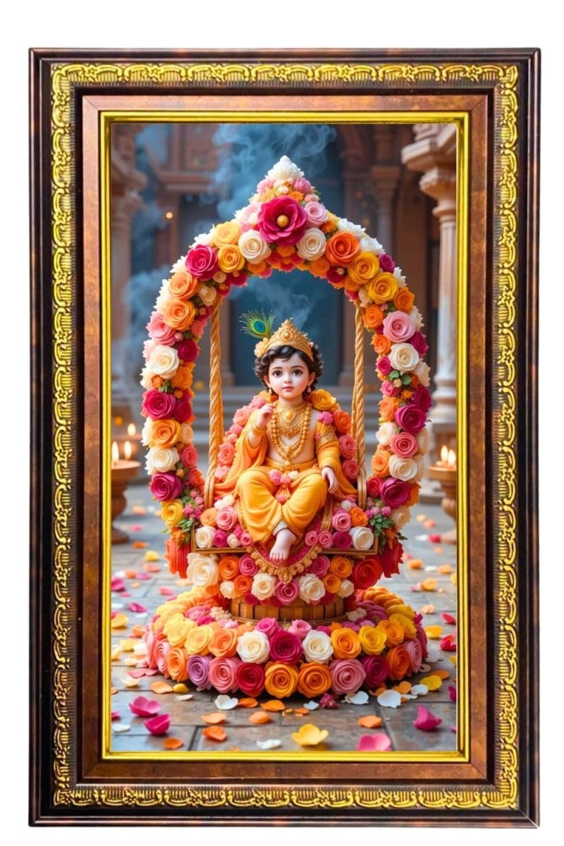 Lord Krishna Digital Golden Balck Color Photo Frame | Hindu Religious Wall Decor | 18x24 Inches - Inspirational Wall Art For Office, Home Decor - Ideal Spiritual Gift (F16928)